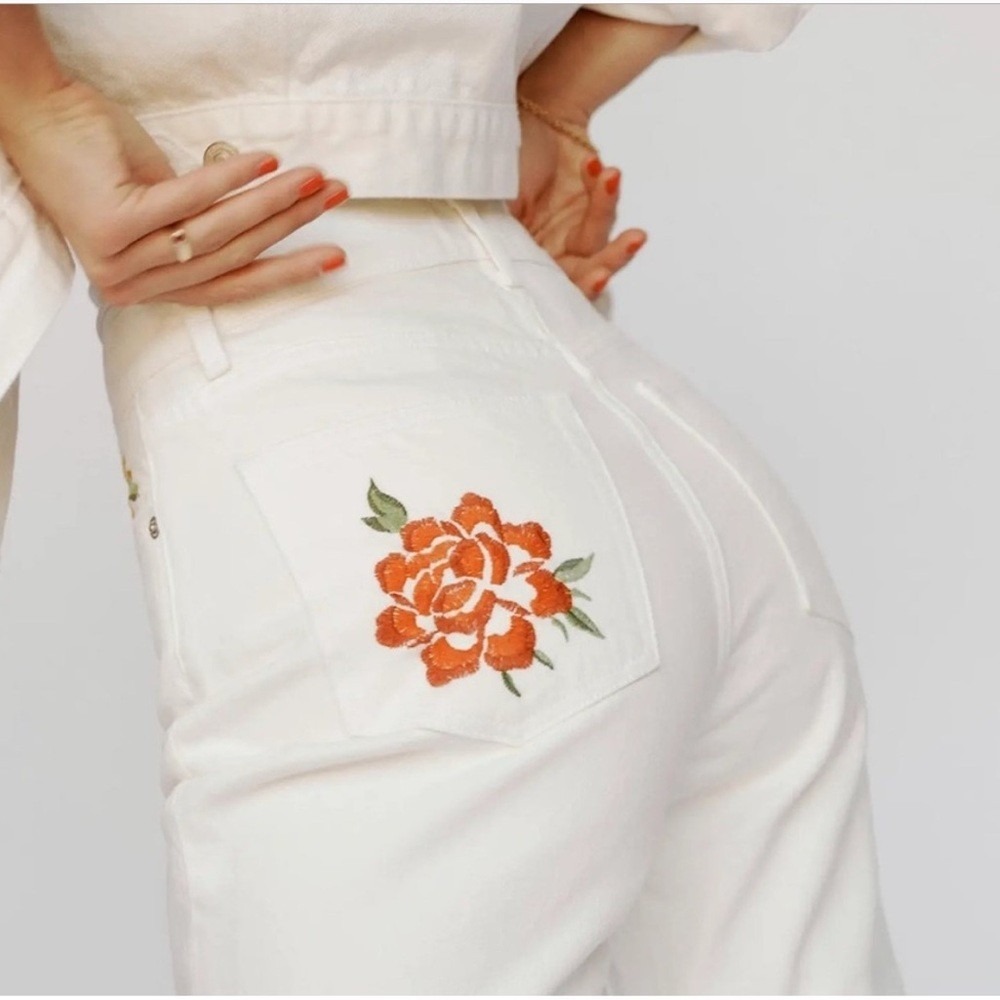 Reformation White Cynthia Straight Leg Mid Rise Denim Jeans size 27 embroidered - Picture 5 of 12
